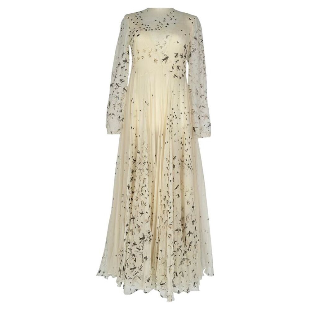 Valentino Garavani Printed Long Sleeve Maxi Gown Dress in Ivory Silk